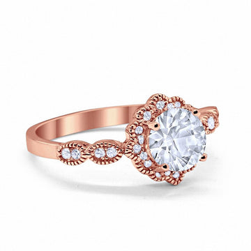 Floral Art Engagement Ring Round Rose Tone, Simulated CZ 925 Sterling Silver